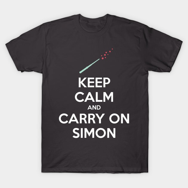 Keep Calm and Carry On Simon (White Text) T-Shirt by 4everYA